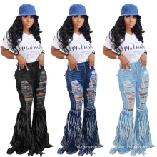 C6217 Jeans women denim flared pants women fringed brushed casual trousers